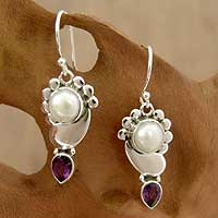 Pearl and amethyst dangle earrings, 'Rajasthan Glory' - Unique Dangle Amethyst Pearl Earrings with Sterling Silver