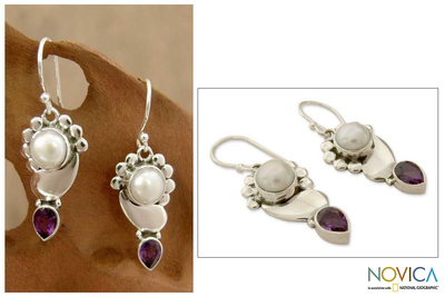 Pendientes colgantes de perla y amatista - Pendientes de Perlas con Amatista y Plata de Ley de la India