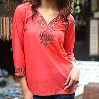 Cotton blouse, 'Tangerine Floral'