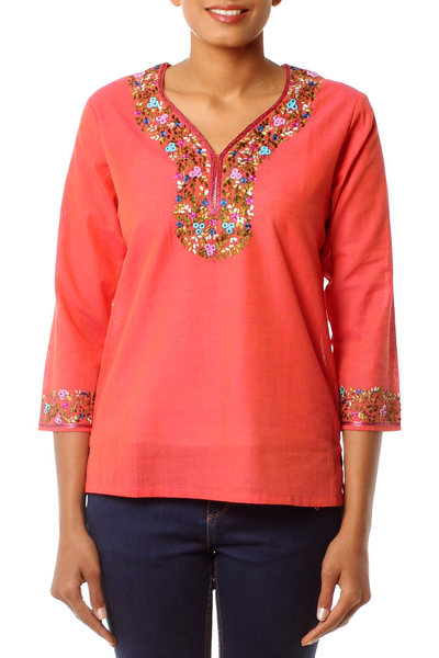 Blusa de algodón - Top túnica blusa naranja de algodón floral hecho a mano