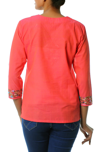 Blusa de algodón - Top túnica blusa naranja de algodón floral hecho a mano
