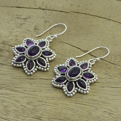 Amethyst dangle earrings, 'Purple Blossom' - Unique Floral Sterling Silver and Amethyst Dangle Earrings