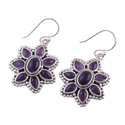 Amethyst dangle earrings, 'Purple Blossom' - Unique Floral Sterling Silver and Amethyst Dangle Earrings