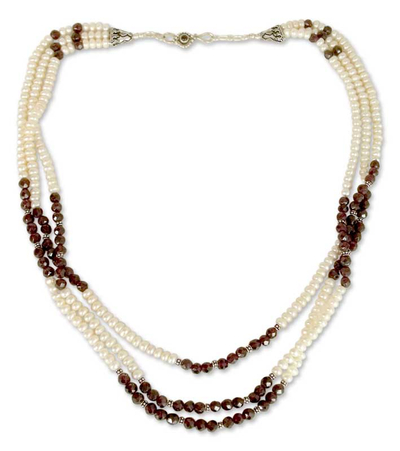 Pearl and garnet strand necklace, 'Faithful Love' - Pearl and Garnet Strand Necklace