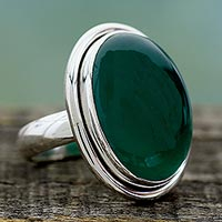 Sterling Silver Single Stone and Green Onyx Cocktail Ring,'Universe'
