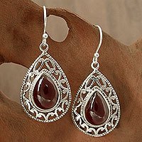 Garnet dangle earrings, 'Vivid Scarlet' - Garnet Earrings in Sterling Silver from India jewellery