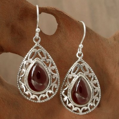 Garnet dangle earrings, 'Vivid Scarlet' - Garnet Earrings in Sterling Silver from India jewellery