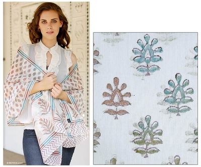 Cotton and Chanderi silk shawl, 'Tropical Paradise' - Floral Silk Cotton Patterned Shawl