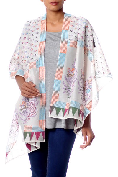 Chal de algodón y seda Chanderi - Mantón multicolor de algodón con estampado floral hecho a mano