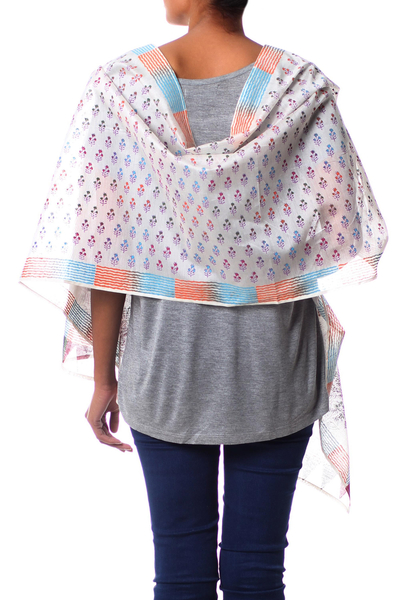 Cotton and Chanderi silk shawl, 'Tulip Paradise' - Handcrafted Floral Cotton Silk Patterned Multicolor Shawl