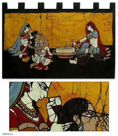 Cotton batik wall hanging, 'Chores and Chitchat' - Cotton batik wall hanging