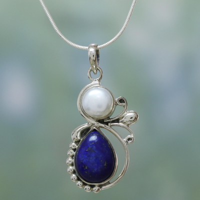 Cultured pearl and lapis lazuli pendant necklace, Blue Midnight