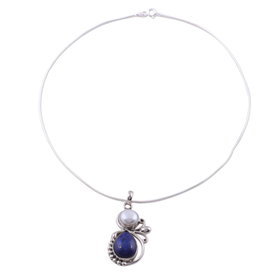 Halskette mit Anhänger aus Zuchtperlen und Lapislazuli - Handgefertigter Lapislazuli und Perle aus Sterlingsilber für Damen