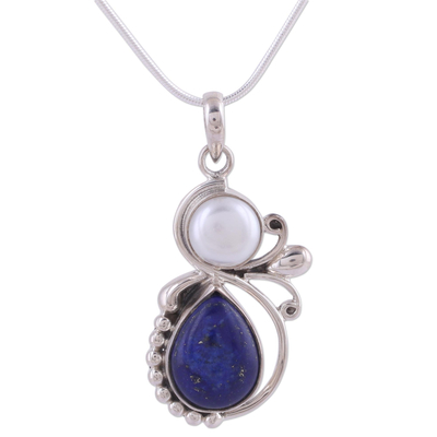 Cultured pearl and lapis lazuli pendant necklace, 'Blue Midnight' - Hand Made Women's Sterling Silver Lapis Lazuli and Pearl