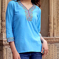 Cotton blouse, 'Blue Floral' - India Handwoven Cotton Blouse