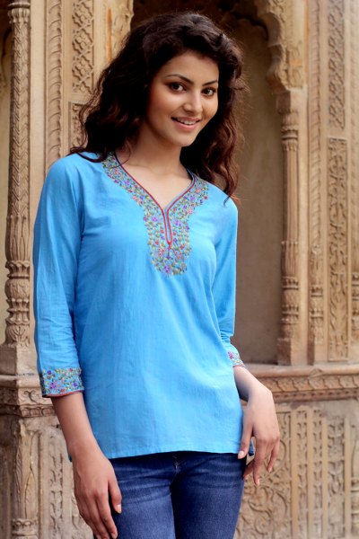 Cotton blouse, 'Blue Floral' - India Handwoven Cotton Blouse