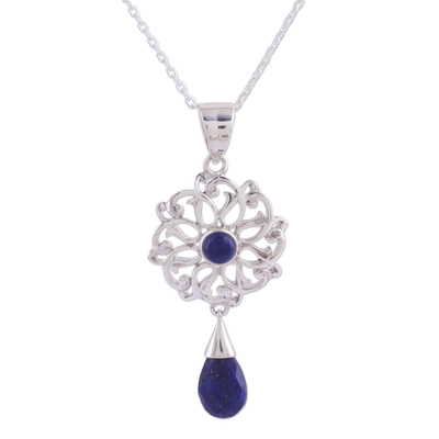 Lapis lazuli pendant necklace, 'Wise Love Chakra' - Lapis Lazuli and Sterling Silver Necklace Indian Jewelry