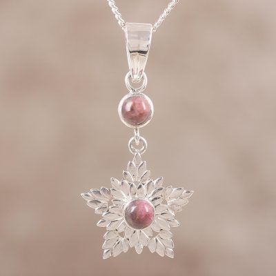 Rhodonite flower necklace, 'Love's Light' - Handcrafted Sterling Silver and Rhodonite Pendant Necklace