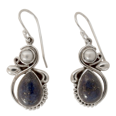 Pearl and lapis lazuli dangle earrings, 'Blue Midnight' - Women's Lapis Lazuli Pearl and Sterling Silver Earrings