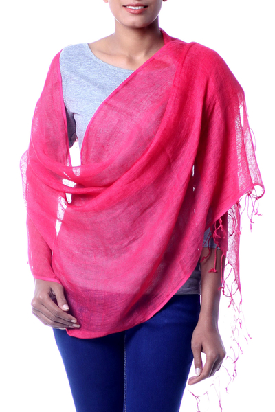 Linen shawl, 'Sheer Hot Pink' - Handcrafted Linen Shawl Wrap from India