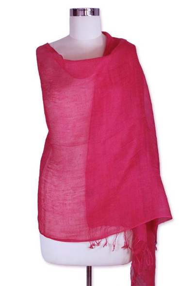 Linen shawl, 'Sheer Hot Pink' - Handcrafted Linen Shawl Wrap from India