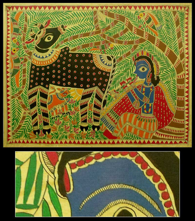 Madhubani painting, 'Krishna's Song' - Spiritual Madhubani Folk Art Painting