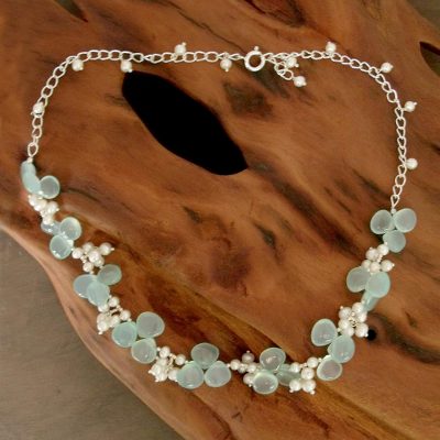 Pearl and chalcedony beaded necklace, 'Aqua Enchantment' - Pearl and chalcedony beaded necklace