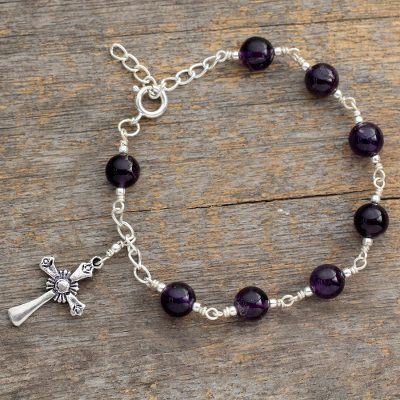 Amethyst cross bracelet, 'Constant Faith' - Amethyst cross bracelet