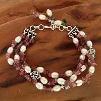 Pearl and tourmaline torsade bracelet, 'Bihar Rose' - Tourmaline and Pearl Beaded Bracelet