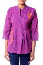 Cotton blouse, 'Wine Delight' - Paisley Cotton Embroidered Blouse Top from India