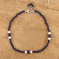 Lapis lazuli and pearl beaded anklet, 'Mystic Truth'