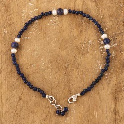 Lapis lazuli and pearl beaded anklet, 'Mystic Truth' - Lapis lazuli and pearl beaded anklet