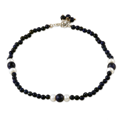 Lapis lazuli and pearl beaded anklet, 'Mystic Truth' - Lapis lazuli and pearl beaded anklet