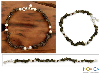 Smoky quartz and pearl beaded anklet, 'Love Empowered' - Smoky quartz and pearl beaded anklet