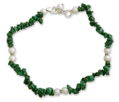 Pearl and malachite beaded anklet