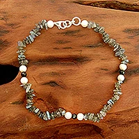 Labradorite and pearl beaded anklet, 'Mumbai Fantasy'