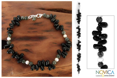Onyx and pearl beaded anklet, 'Mumbai Muse' - Onyx and pearl beaded anklet