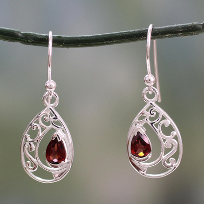 Garnet dangle earrings, 'Lace Halo' - Earrings with Garnet and Sterling Silver Handmade in India