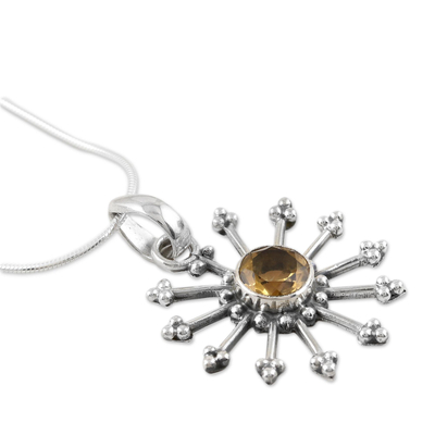 Citrine pendant necklace, 'Sunshine Daze' - Fair Trade Citrine Sun Necklace in Sterling Silver 