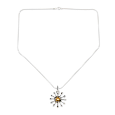 Citrine pendant necklace, 'Sunshine Daze' - Fair Trade Citrine Sun Necklace in Sterling Silver 