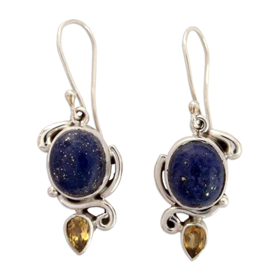 Lapis and citrine dangle earrings, 'Royal Charm' - Indian Earrings with Lapis Citrine and Sterling Silver