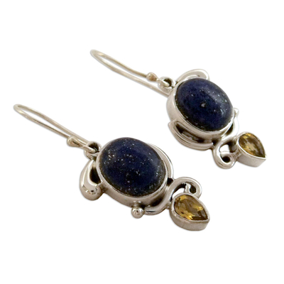 Lapis and citrine dangle earrings, 'Royal Charm' - Indian Earrings with Lapis Citrine and Sterling Silver
