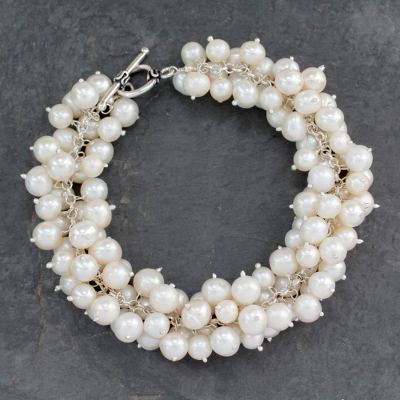 Pearl cluster bracelet, 'Calcutta Moon' - Pearl Handcrafted Bracelet from India Bridal Jewelry