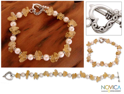Pearl and citrine heart bracelet, 'Summer Moon' - Pearl and citrine heart bracelet
