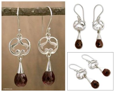 Garnet dangle earrings, 'Sweet Symmetry' - Sterling Silver and Garnet Earrings India Artisan Jewelry