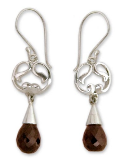 Garnet dangle earrings, 'Sweet Symmetry' - Sterling Silver and Garnet Earrings India Artisan Jewelry