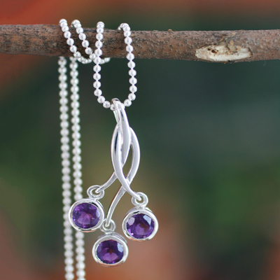 Amethyst pendant necklace, 'Lilac Trio' - Fair Trade jewellery Sterling Silver and Amethyst Necklace