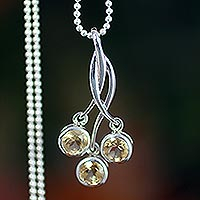 Citrine pendant necklace, 'Sunflower Trio' - Lemon Citrine and Silver Ball Fair Trade Necklace. 