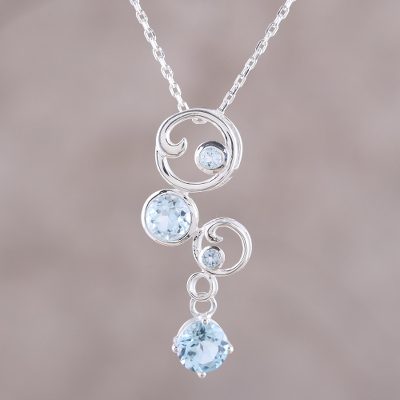 Blue topaz pendant necklace, 'In Circles' - Blue Topaz Necklace in Sterling Silver India Jewelry