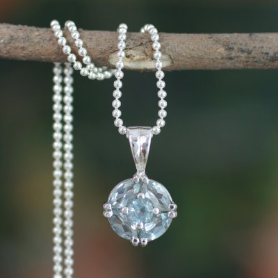 Blue topaz pendant necklace, 'Jaipur Star' - Blue Topaz Pendant in Women's Sterling Silver Necklace